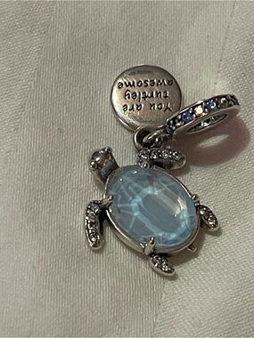 You Are Loved Turtle Charm Pendant in Light Blue - Sterling Silver